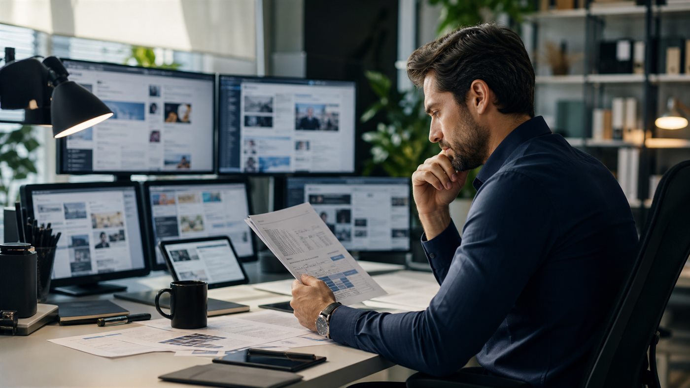 Analityk przy wielu ekranach filtruje nadmiar informacji do konkretnego briefingu